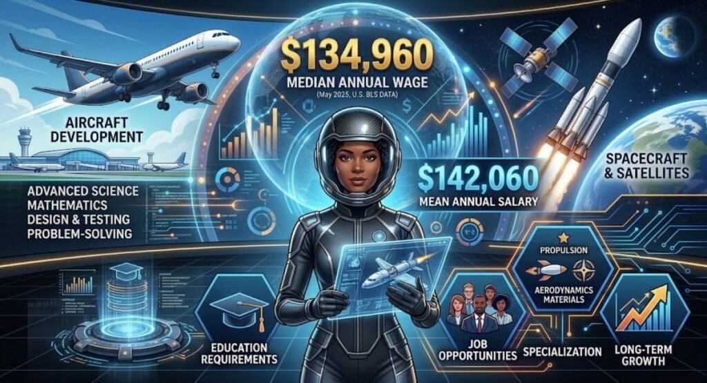 Infographic illustrating Aerospace Engineer Salary metrics including a $134,960 median annual wage and $142,060 mean salary, alongside key career factors such as education requirements, job opportunities, specializations, and long-term growth.