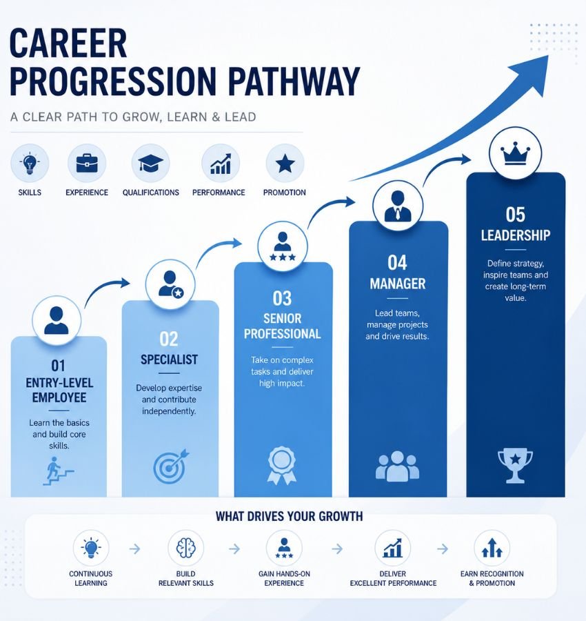 Structured career progression path based on skills, experience, qualifications, and performance