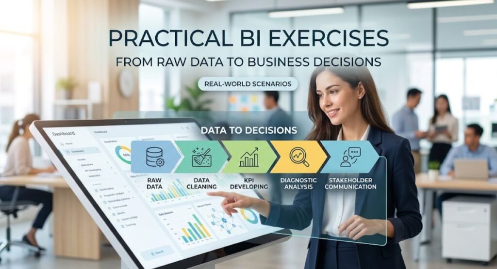 A professional woman in business attire interacts with a sleek, 16:9 interactive touch screen displaying dynamic analytics dashboards in a modern office. Overlaid graphics show a 5-step process flow from raw data to business decisions, titled "Practical BI Exercises."