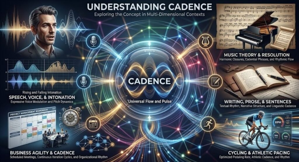 Comprehensive infographic titled "Understanding Cadence" explaining the concept across speech intonation, music theory, writing prose, athletic cycling pacing, and agile business project planning.