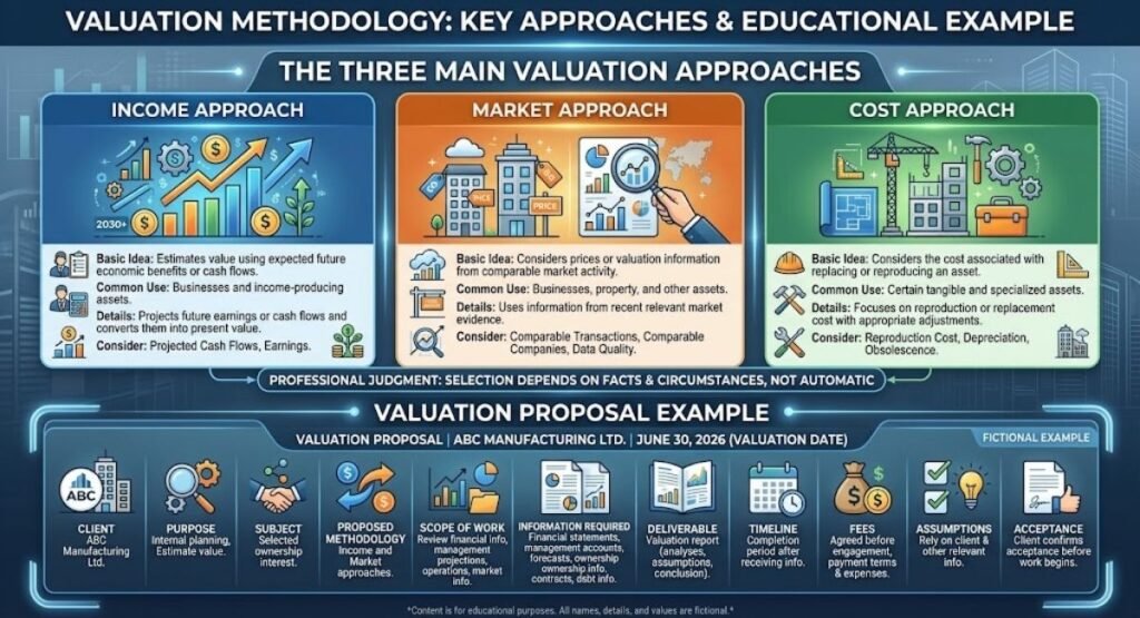 Infographic titled "Valuation Methodology: Key Approaches & Educational Example" illustrating the Income, Market, and Cost approaches with a practical proposal sample.