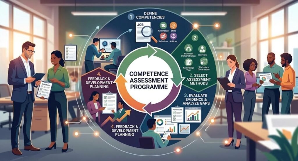 Modern 2D vector graphic illustrating a 4-stage Competence Assessment Programme lifecycle surrounded by employees conducting workplace evaluations in an office setting.