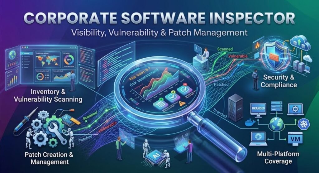 Enterprise software inspection and patch management workflow showing inventory scanning, 3D risk assessment lens, patch deployment tools, multi-platform support, and cloud security shield.