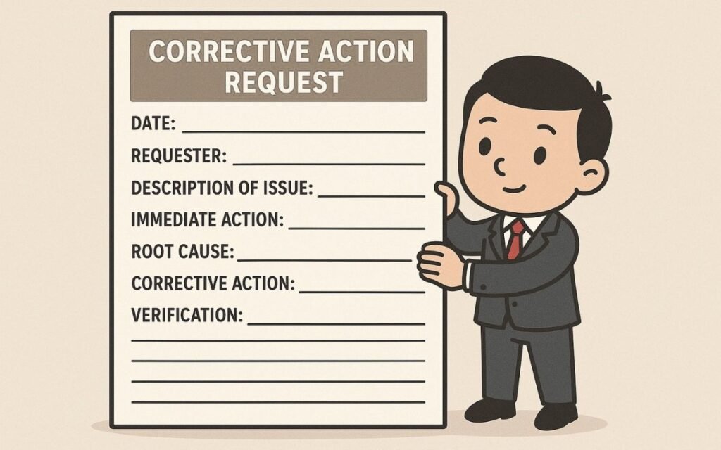Cartoon professional presenting a large Corrective Action Request form with fields like Date, Requester, and Root Cause.