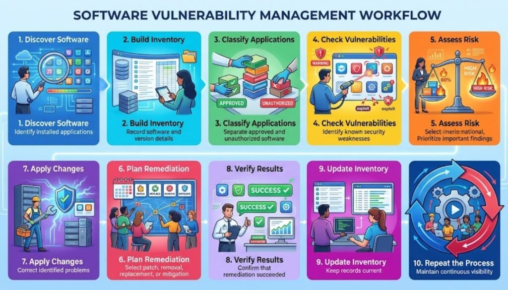 "Infographic illustrating a 10-step continuous software vulnerability management workflow from software discovery to ongoing process repetition."