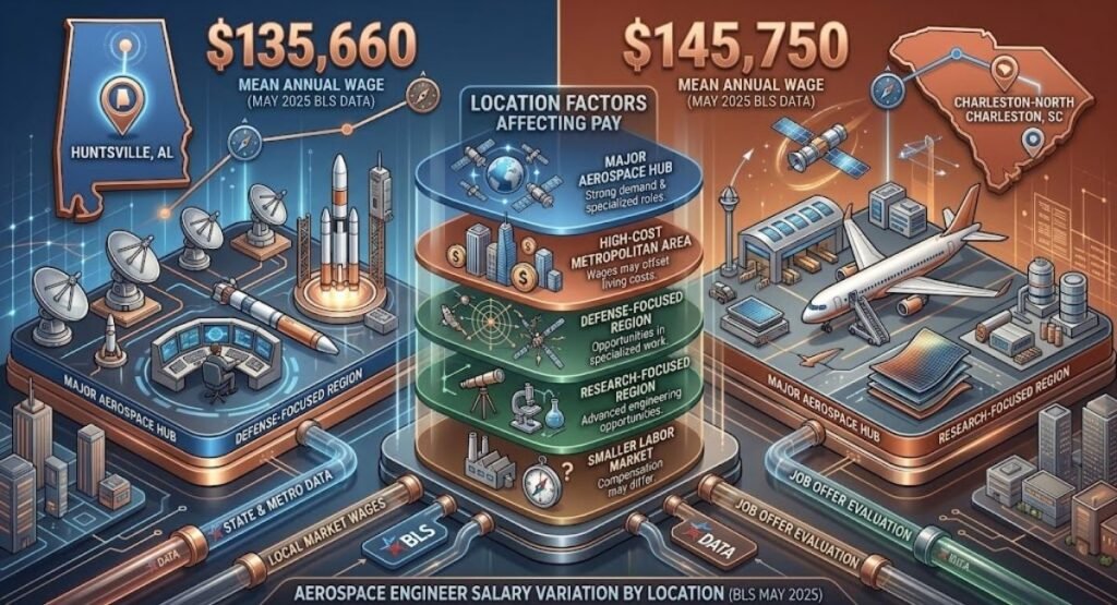 Alt Text: Infographic comparing aerospace engineer mean annual wages in Huntsville, AL ($135,660) and Charleston, SC ($145,750) based on location factors and May 2025 BLS data.