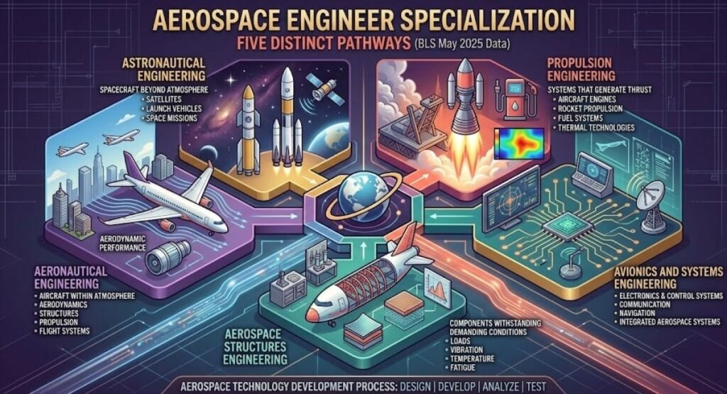Alt Text: Infographic illustrating the five distinct pathways of Aerospace Engineer Specialization: Aeronautical, Astronautical, Propulsion, Avionics & Systems, and Aerospace Structures Engineering based on BLS May 2025 data.