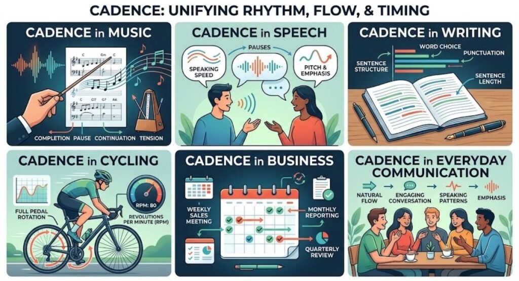 An educational infographic titled "Cadence: Unifying Rhythm, Flow, & Timing" showing six applications of cadence: Music, Speech, Writing, Cycling, Business, and Everyday Communication.