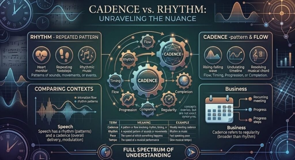 An infographic titled "Cadence vs. Rhythm: Unraveling the Nuance" breaking down the differences and overlaps between rhythm and cadence across various contexts.