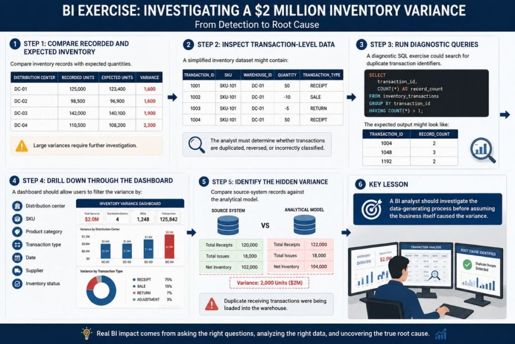 Business intelligence exercise showing a $2 million inventory variance investigation using SQL diagnostics, dashboard analysis, and root-cause detection