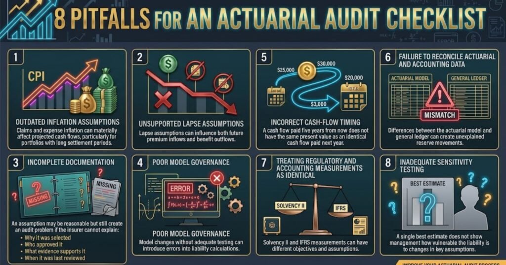 Visual infographic outlining 8 critical pitfalls for an actuarial audit checklist, including outdated inflation assumptions, unsupported lapse assumptions, incomplete documentation, poor model governance, cash-flow timing errors, actuarial and accounting data reconciliation failures, confusing Solvency II and IFRS measurements, and inadequate sensitivity testing.