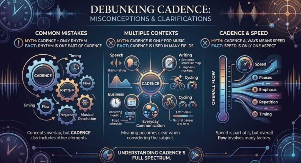 An infographic titled "Debunking Cadence: Misconceptions & Clarifications" clearing up common myths about cadence regarding rhythm, context, and speed.