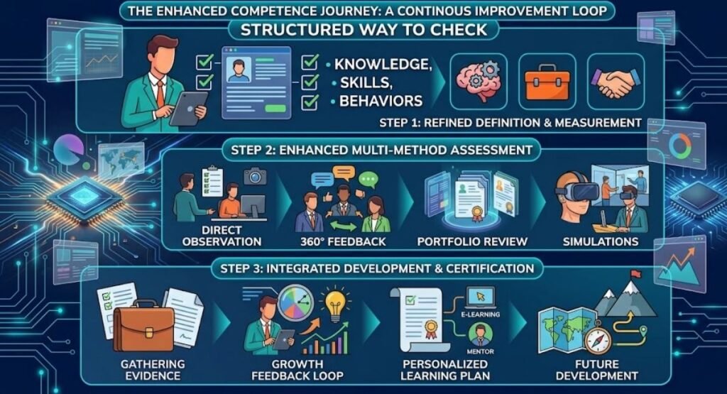 Infographic illustrating "The Enhanced Competence Journey: A Continuous Improvement Loop" broken into three main steps: Refined Definition & Measurement, Enhanced Multi-Method Assessment, and Integrated Development & Certification.
