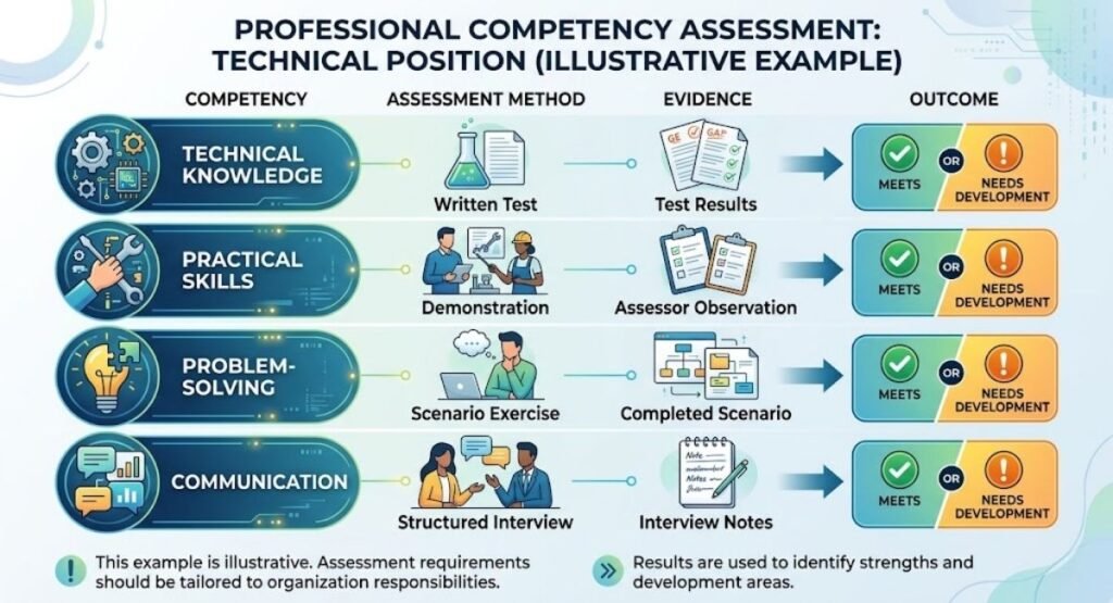 Infographic titled "Professional Competency Assessment: Technical Position" mapping competencies to assessment methods, evidence, and outcomes.