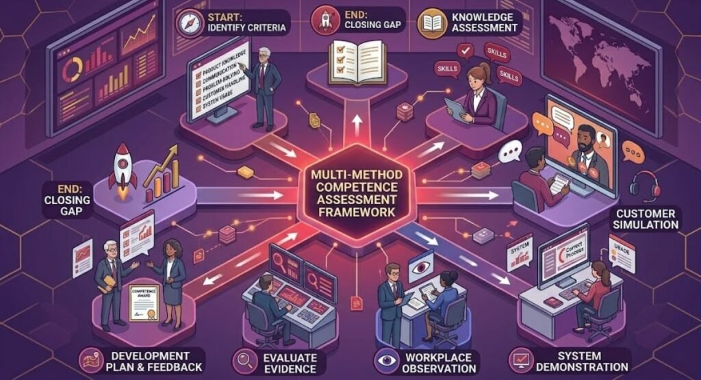 3D isometric diagram of a Multi-Method Competence Assessment Framework branching into key evaluation methods and process stages like knowledge assessment, workplace observation, and feedback.