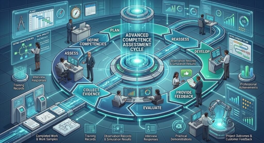 3D isometric diagram illustrating the "Advanced Competence Assessment Cycle" featuring seven circular process steps with office workstations and data input badges.