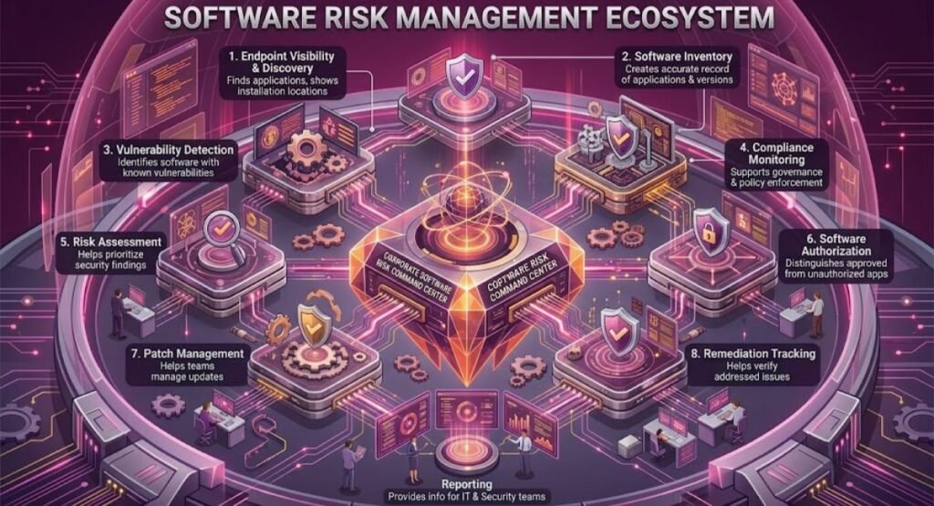 Diagram showing the Software Risk Management Ecosystem with a central command center connected to eight key security functions, including Endpoint Visibility, Software Inventory, Vulnerability Detection, Compliance Monitoring, Risk Assessment, Software Authorization, Patch Management, and Remediation Tracking.