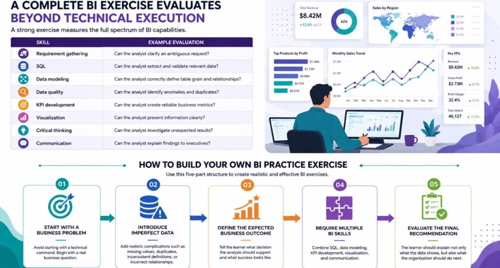 Business intelligence skills assessment infographic showing eight BI competencies and a five-step framework for creating realistic BI practice exercises