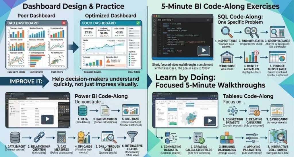 Alt Text: A dark-themed BI infographic comparing poor versus optimized dashboard designs alongside 5-minute code-along workflows for SQL, Power BI, and Tableau.