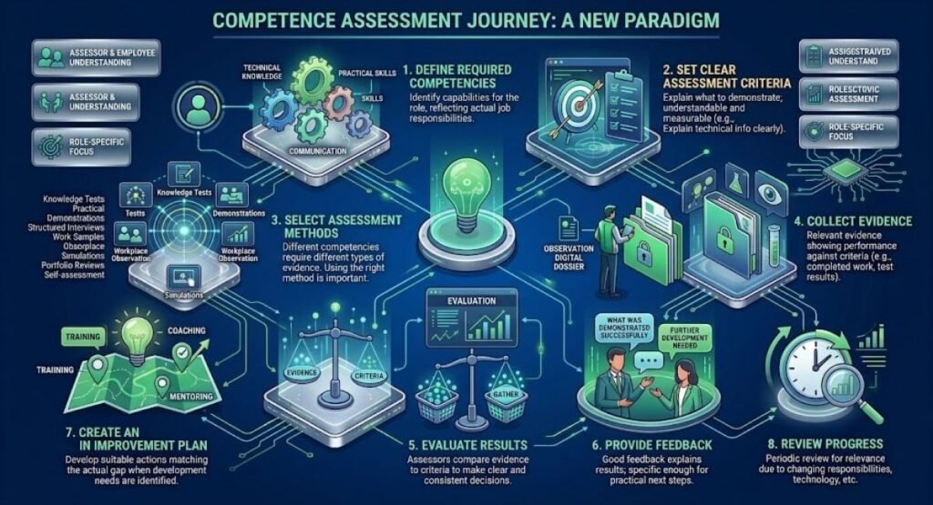Infographic titled "Competence Assessment Journey: A New Paradigm" detailing an 8-step process for evaluating and developing employee skills.
