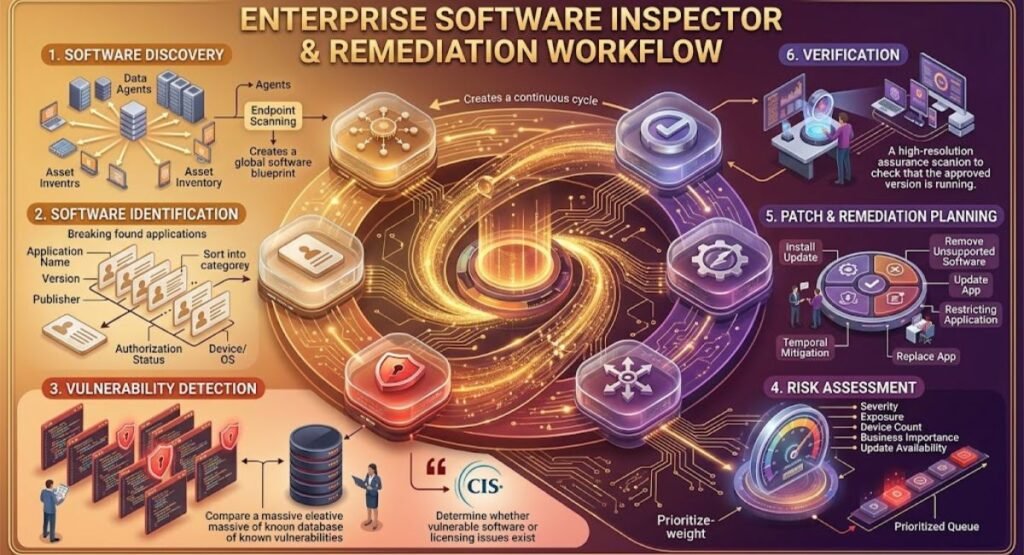 Enterprise Software Inspector and Remediation Workflow diagram illustrating software discovery, identification, vulnerability detection, risk assessment, patch planning, and verification cycles.