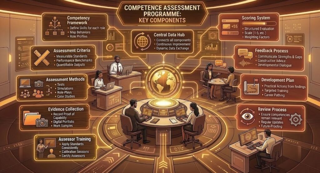 An overview of the Competence Assessment Programme's ten connected components, demonstrating how skills and behaviors are defined, criteria are set, methods are determined, evidence is collected, and feedback is given to support continuous improvement and skill gap analysis.