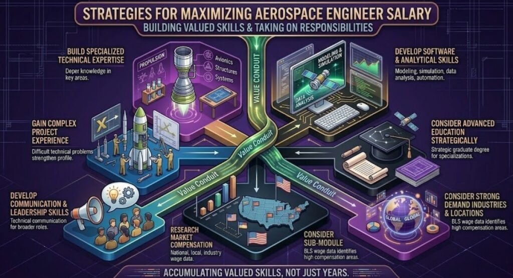 Alt Text: Infographic outlining strategies for maximizing aerospace engineer salary, highlighting technical expertise, software skills, project experience, advanced education, and market compensation research.