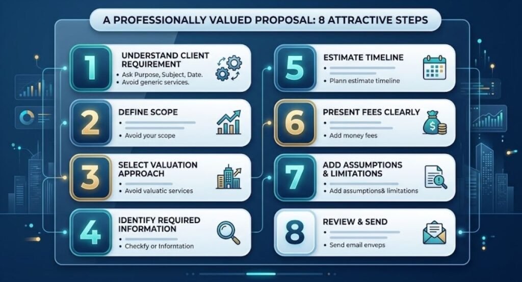 Infographic titled "A Professionally Valued Proposal: 8 Attractive Steps" detailing eight key steps to write a valuation proposal.