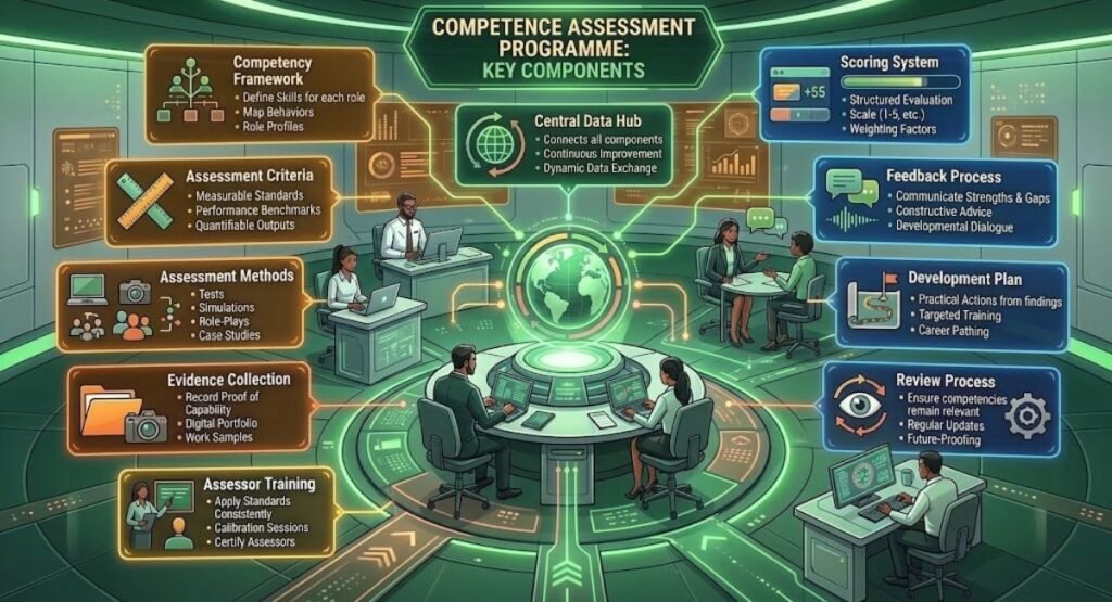 Ek computer monitor jaisi dikhne wali digital screen, jisme neeli aur peeli roshni se bana ek network dikhaya gaya hai. Iske charon taraf alag-alag dibbe bane hain, jinke upar 'Competency Framework', 'Scoring System', 'Feedback Process', aur 'Central Data Hub' jaisi chizen likhi hain. Screen ke beech mein ek bada, chamkta hua neela gola hai, jisme "COMPETENCE ASSESSMENT PROGRAMME" likha hai. Gole ke charon taraf data ki lines, aur screen ke aage kuch log nili nili tablet aur file liye khade hain. Ye framework competence (kaam karne ki kshmata) check karne ka ek digital system dikhata hai.