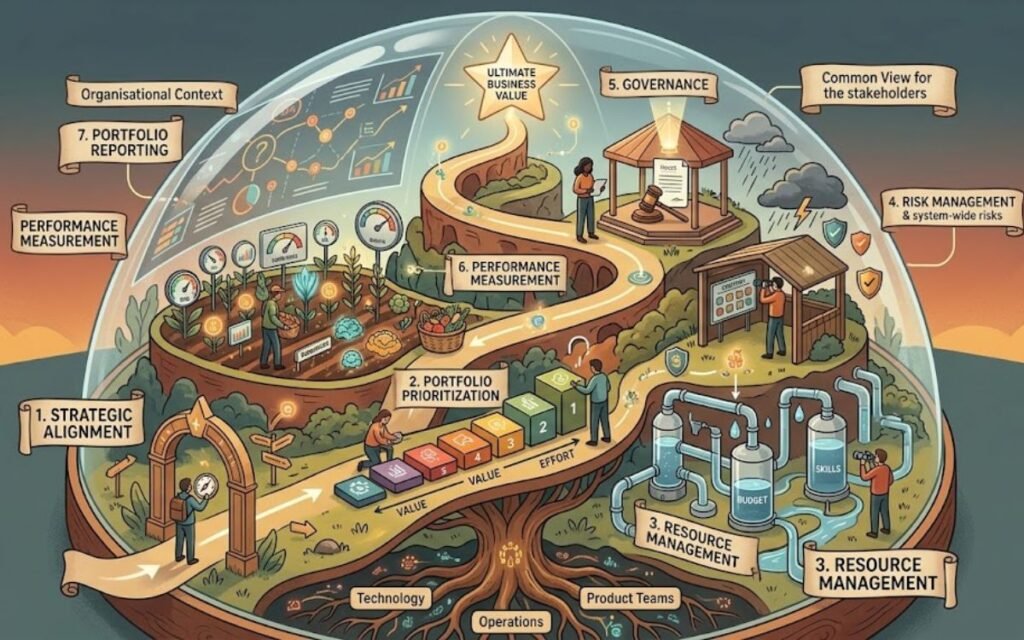 Ek detailed business infographic jo 'Portfolio Management Ecosystem' ko ek glass dome ke andar ek process path ke roop mein dikhata hai. Is mein Strategic Alignment, Portfolio Prioritization, Resource Management, aur Governance jaise steps shamil hain, jo 'Ultimate Business Value' ki tarah jaate hain.