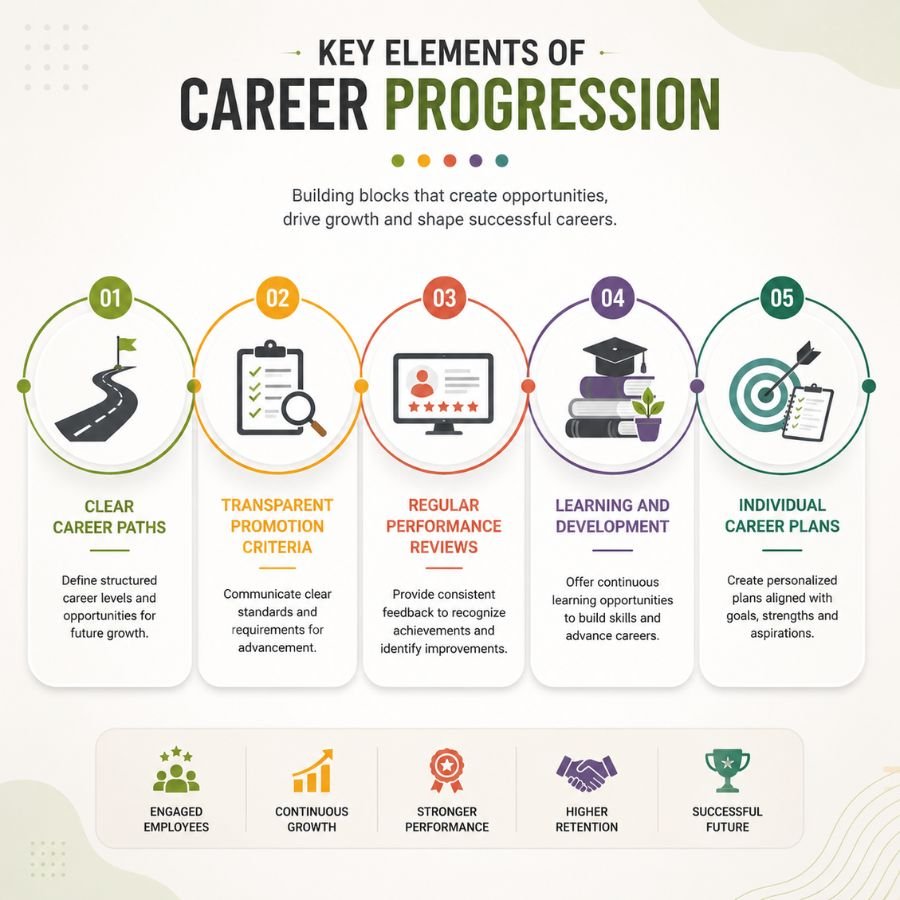 Key elements of assured career progression including career paths, promotion, reviews, training, and career plans