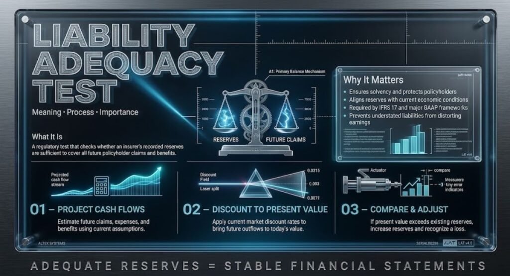 Infographic showing Liability Adequacy Test meaning, 3-step accounting process, and importance for IFRS 17 insurance reserve compliance.