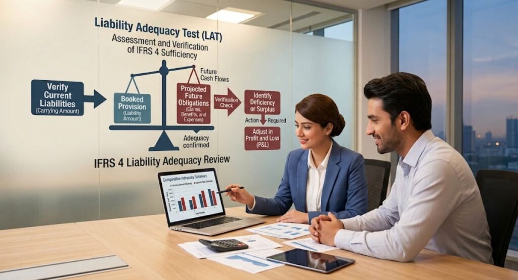 Two smiling colleagues collaborate on a detailed financial analysis in a modern office with a city view. They are reviewing a detailed 'Liability Adequacy Test (LAT)' and 'IFRS 4' flowchart displayed on a glass wall, which uses a scale and a step-by-step process to compare booked provisions and projected future obligations. In front of them, a woman in a blue blazer points to a 'Comparative Adequacy Summary' graph on her laptop, while a man in a white shirt listens attentively, with relevant financial documents and a tablet on the table.