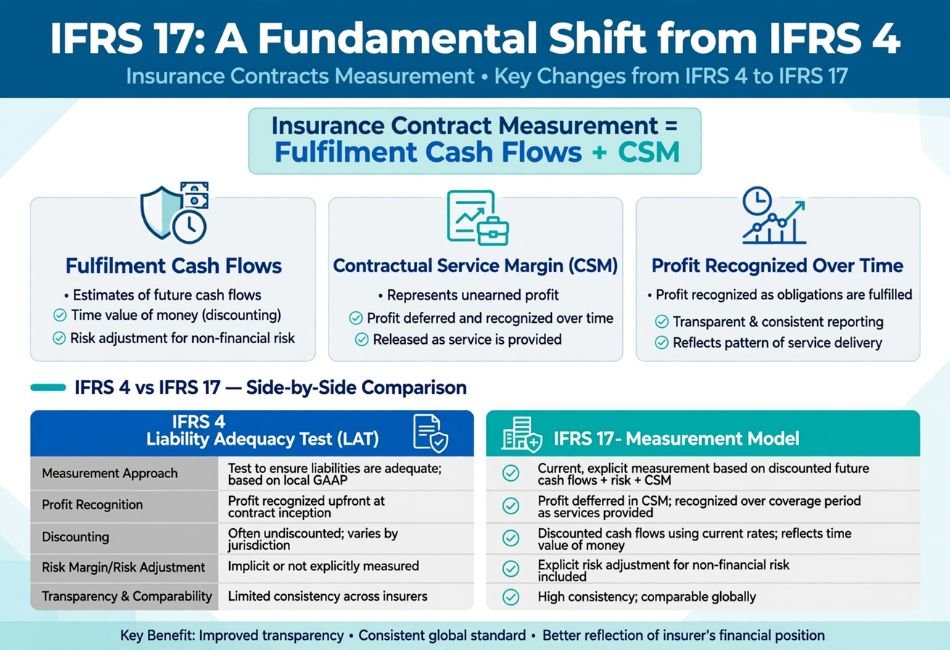Infographic titled 'IFRS 17: A Fundamental Shift from IFRS 4' explaining Insurance Contracts Measurement. Shows the core formula: Insurance Contract Measurement equals Fulfilment Cash Flows plus Contractual Service Margin (CSM). Three key sections highlight Fulfilment Cash Flows (future cash flows, time value of money, risk adjustment), Contractual Service Margin as unearned profit deferred over time, and Profit Recognized Over Time. Bottom section provides a side-by-side comparison table between IFRS 4 Liability Adequacy Test (LAT) and IFRS 17 Measurement Model covering measurement approach, profit recognition, discounting, risk margin, and transparency.