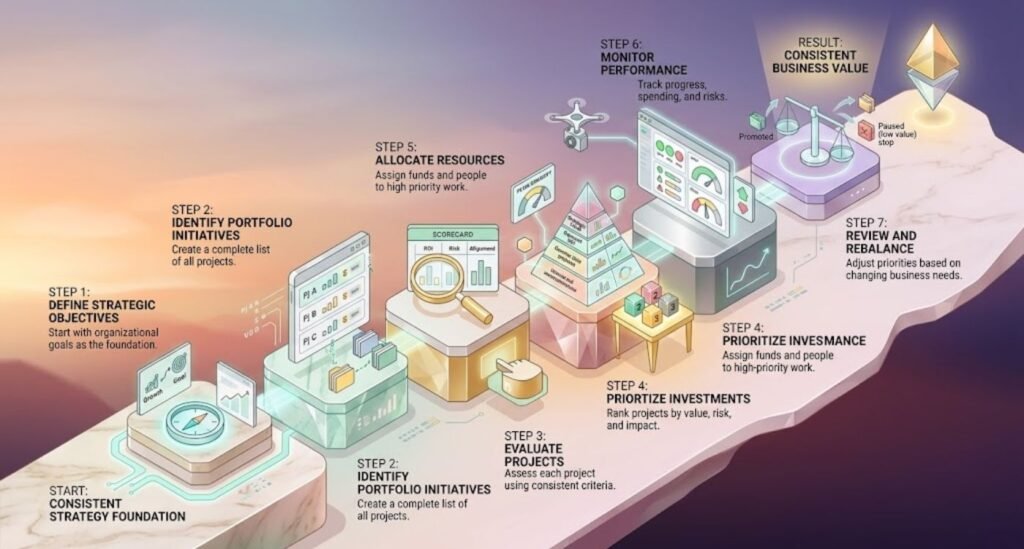 Ek detailed isometric infographic diagram jo 'Consistent Project Portfolio Management' ke liye 7-step process dikhata hai. Ismein Strategy Foundation se shuru hokar, Project Identification, Evaluation (Scorecard), Prioritization, Resource Allocation, Performance Monitoring (Dashboard aur Drone), aur Review aur Rebalance jaise steps shamil hain, jo 'Consistent Business Value' (Balance scale aur Diamond shape) tak jaate hain. Har step par visual elements aur detailed text maujood hai jo guide karte hain.