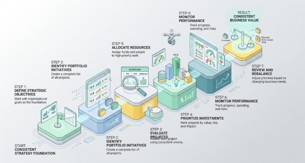 Ek isometric infographic jo consistent business value ke liye 7-step process dikhata hai.