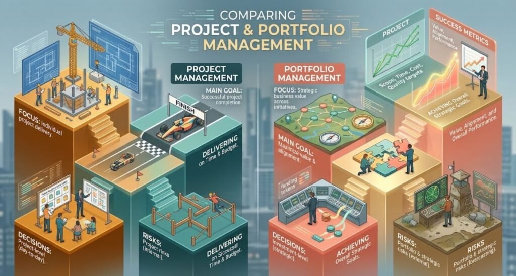 Ek complex business illustration jo Project Management aur Portfolio Management ka mukabla karta hai. Yeh alag-alag metrics jaise focus, goals, decisions aur risks ko visually compare karta hai.