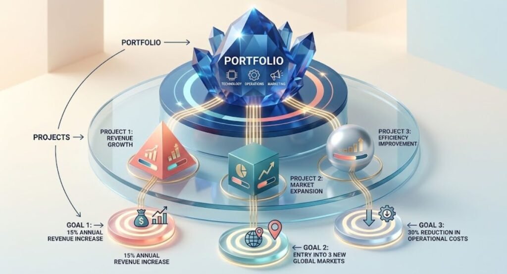 A professional 3D infographic diagram illustrating strategic business alignment, connecting a central blue crystal portfolio to specific growth, expansion, and efficiency projects, and their corresponding concrete goals on a tiered glass platform.