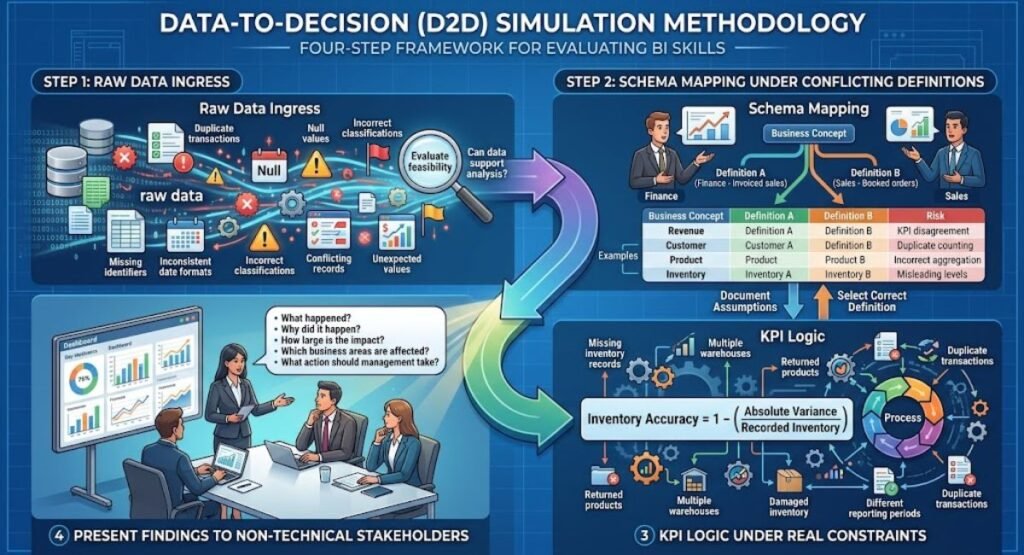 Alt Text: An infographic detailing the 4-step Data-to-Decision (D2D) Simulation Methodology framework for Business Intelligence: Raw Data Ingress, Schema Mapping, KPI Logic under Constraints, and Presenting Findings to Stakeholders.