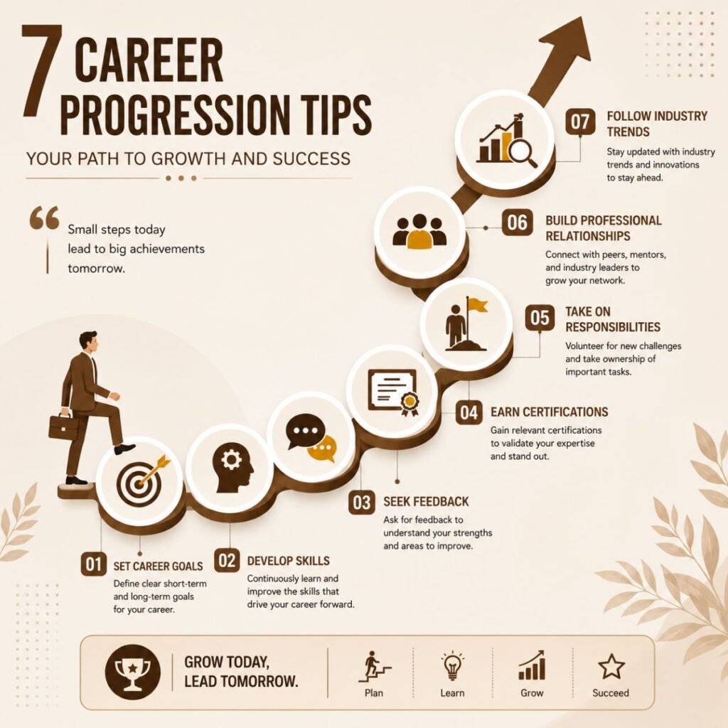Employee career progression tips including goals, skills, certifications, feedback, and networking