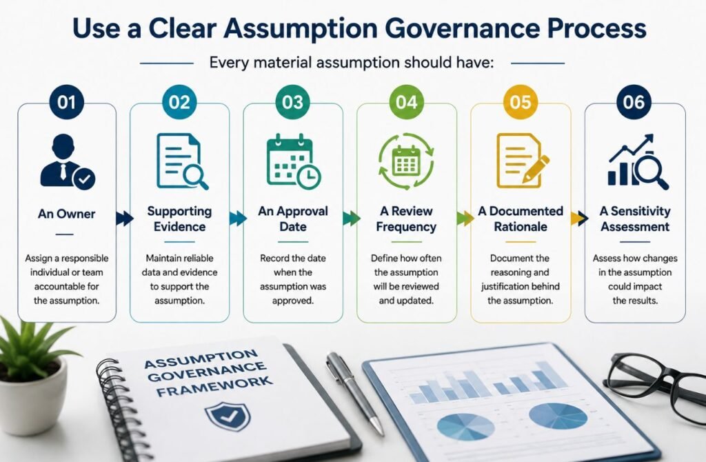 Infographic outlining a 6-step Assumption Governance Process titled "Use a Clear Assumption Governance Process". The visual details key elements required for material assumptions: 1. An Owner (responsible individual/team), 2. Supporting Evidence (reliable data), 3. An Approval Date, 4. A Review Frequency, 5. A Documented Rationale, and 6. A Sensitivity Assessment. A notebook labeled "Assumption Governance Framework" rests on a desk with financial charts and glasses.