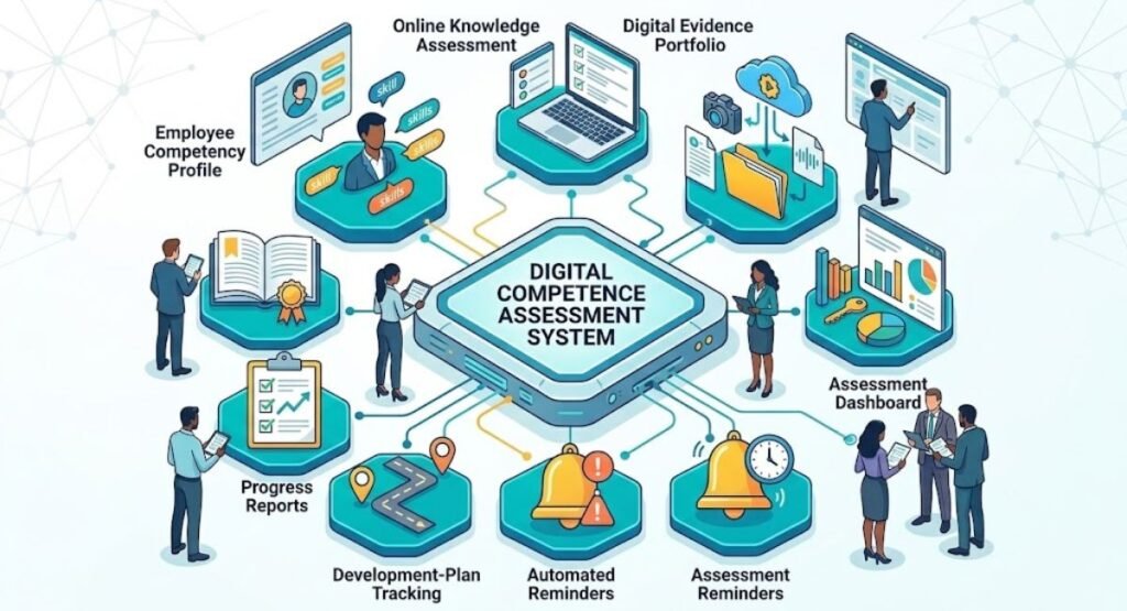 3D isometric diagram of a Digital Competence Assessment System showing interconnected modules including employee profiles, dashboards, progress reports, and automated reminders.