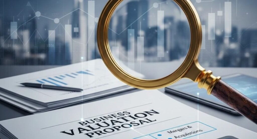 Magnifying glass over a document titled "Business Valuation Proposal" with financial stock charts and cityscape in the background.