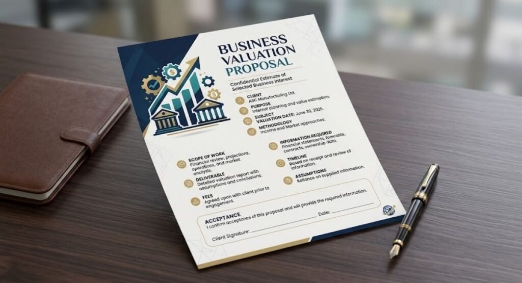 Printout of a "Business Valuation Proposal" document lying on a wooden desk next to a leather notebook and pen.