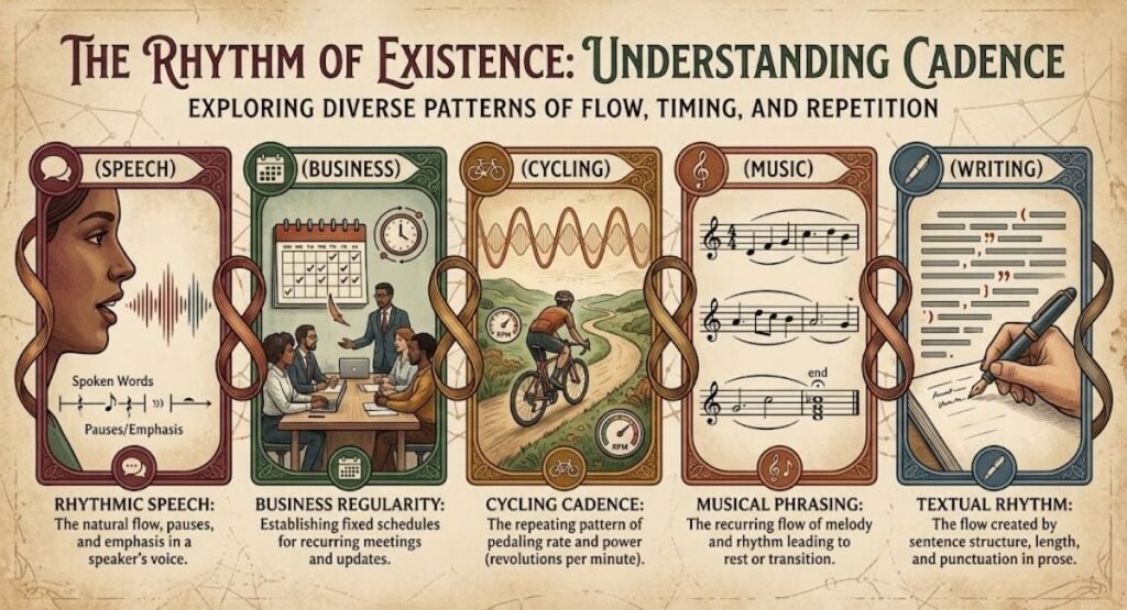 An infographic titled "The Rhythm of Existence: Understanding Cadence" explaining cadence across five areas: Speech, Business, Cycling, Music, and Writing.