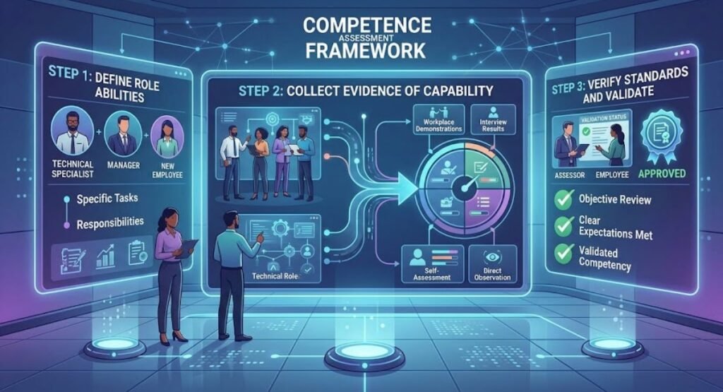 Digital Competence Assessment Framework Infographic. Teen step wala process dikhaya gaya hai: Step 1: Define Role Abilities (Specific Tasks and Responsibilities); Step 2: Collect Evidence of Capability (Interview Results, Workplace Demonstrations, Self-Assessment, Direct Observation); Step 3: Verify Standards and Validate (Objective Review, Clear Expectations Met, Validated Competency). Infographic neele neeyon (blue neon) rang mein hai jisme digital panel aur logon ke characters hain.