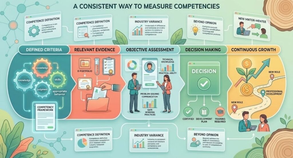 Infographic titled "A Consistent Way to Measure Competencies" detailing a 5-step framework: Defined Criteria, Relevant Evidence, Objective Assessment, Decision Making, and Continuous Growth.