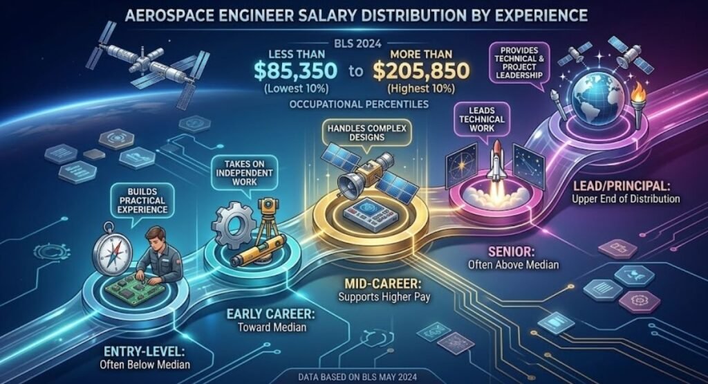 An infographic illustrating the aerospace engineer salary distribution by experience. It shows a progression from Entry-Level (often below median) to Lead/Principal (upper end), with a specific BLS 2024 salary range from less than $85,350 to more than $205,850.