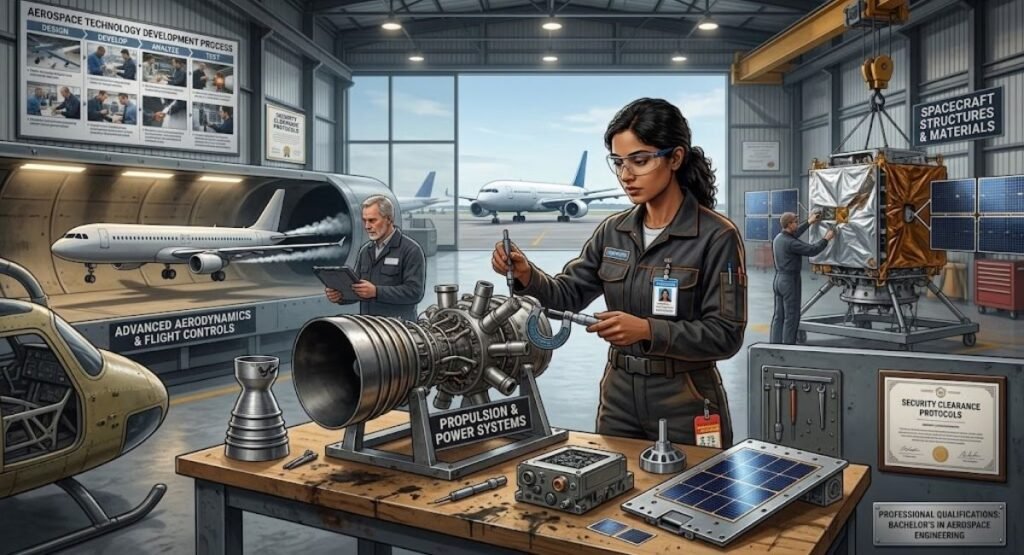 A diverse group of aerospace engineers working in a large, well-lit engineering hangar and laboratory. The image showcases the core elements of aerospace: a central figure in safety gear analyzes a propulsion engine on a workbench, while other specialists work in a wind tunnel and on a large satellite structure in the background. Informative posters on "Aerospace Technology Development Process" and framed "Security Clearance Protocols" are visible on the walls.
