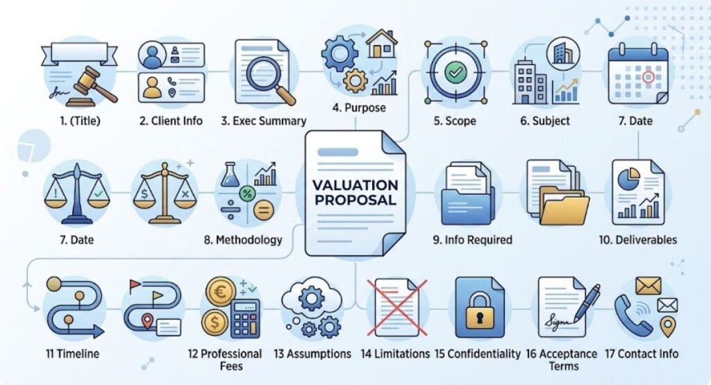 Infographic illustrating the 17 key components of a Valuation Proposal, centered around a main document icon.